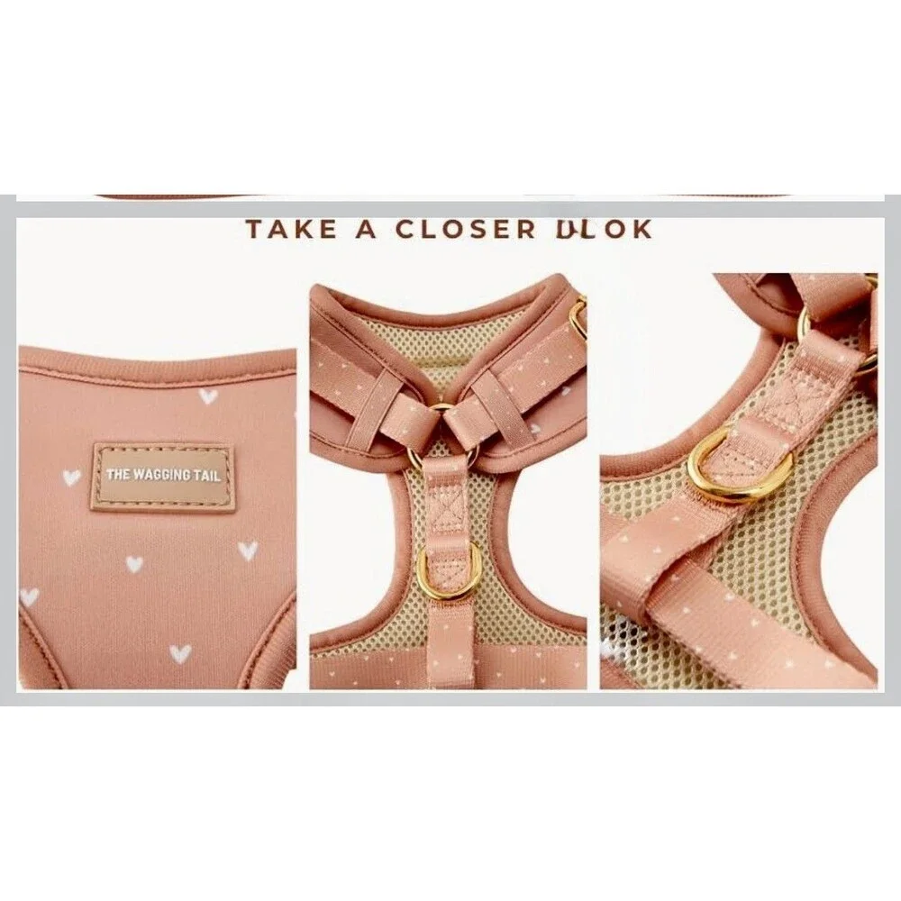The Wagging Tail Adjustable Soft Harness for Small Dog or Cat in Pink Hearts